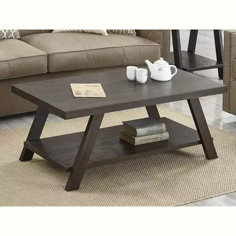 Contemporary Wood Shelf Coffee Table in Weathered Espresso