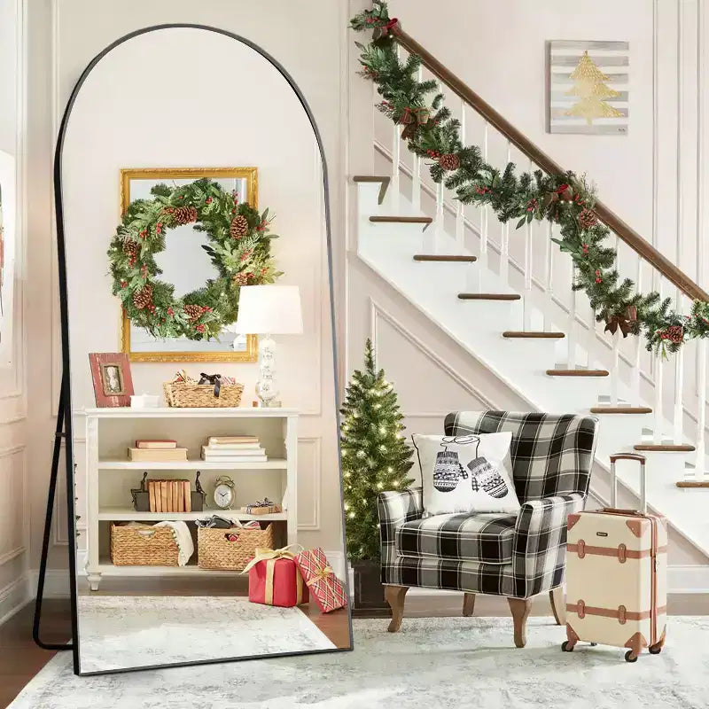 31 in. W x 71 in. H Full Length Arched Free Standing Body Mirror, Metal Frame, Black