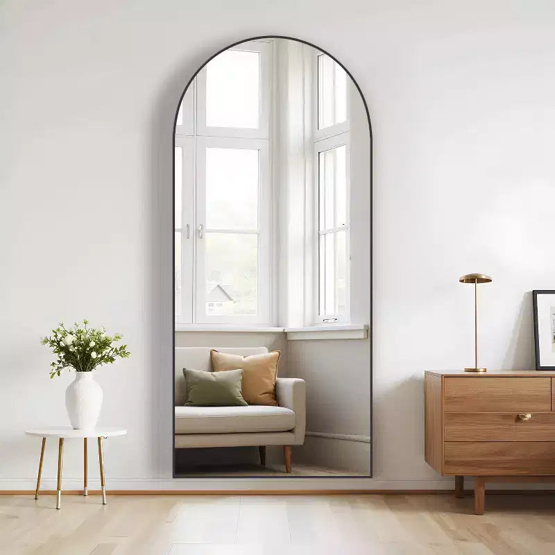 31 in. W x 71 in. H Full Length Arched Free Standing Body Mirror, Metal Frame, Black