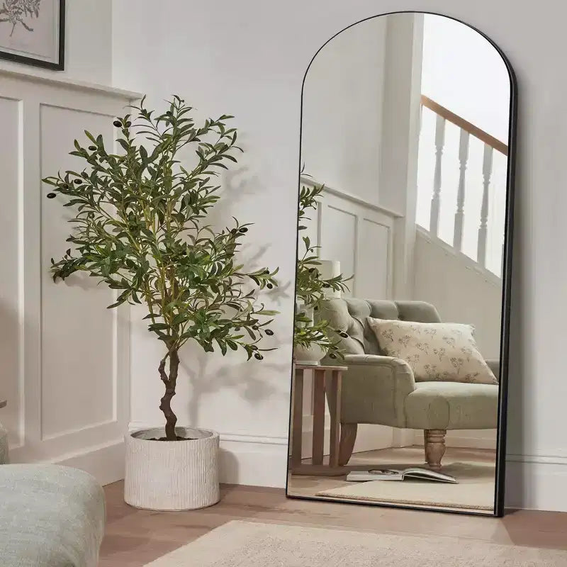 31 in. W x 71 in. H Full Length Arched Free Standing Body Mirror, Metal Frame, Black