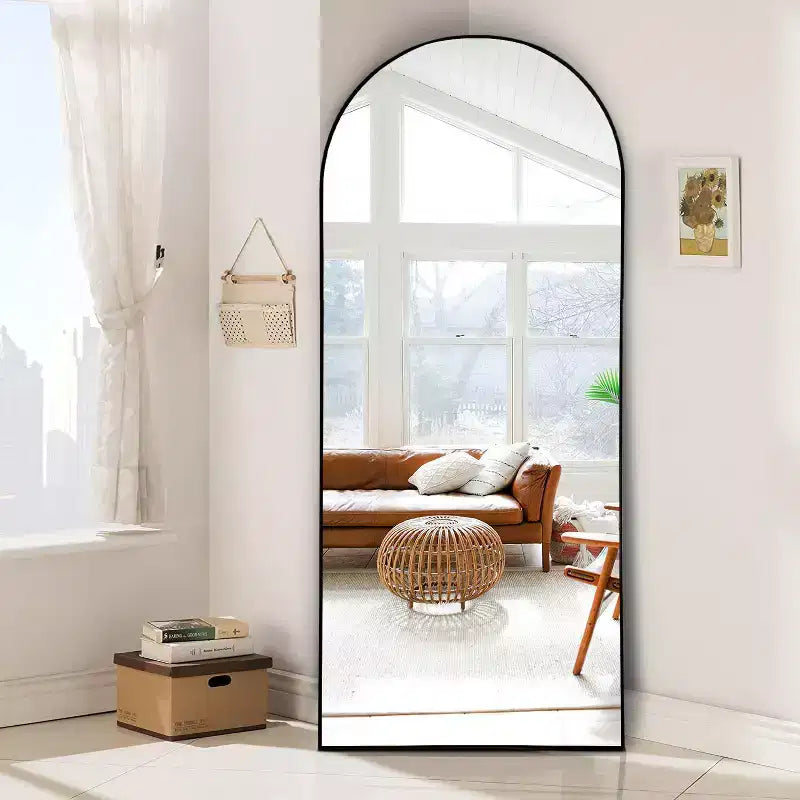 31 in. W x 71 in. H Full Length Arched Free Standing Body Mirror, Metal Frame, Black