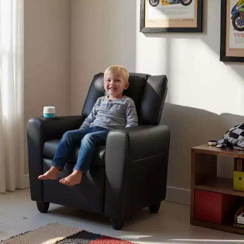 Kids Recliner Chair with Cup Holder & Side Pocket, Adjustable Backrest & Footrest, Beige/Black/Pink/Brown