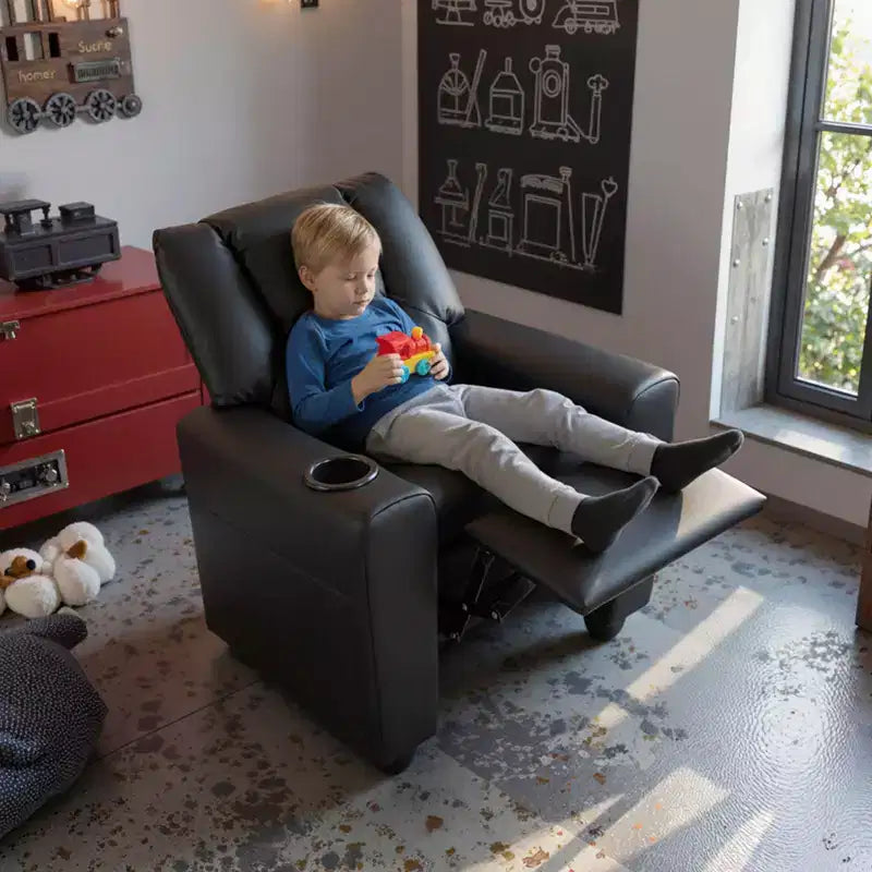 Kids Recliner Chair with Cup Holder & Side Pocket, Adjustable Backrest & Footrest, Beige/Black/Pink/Brown