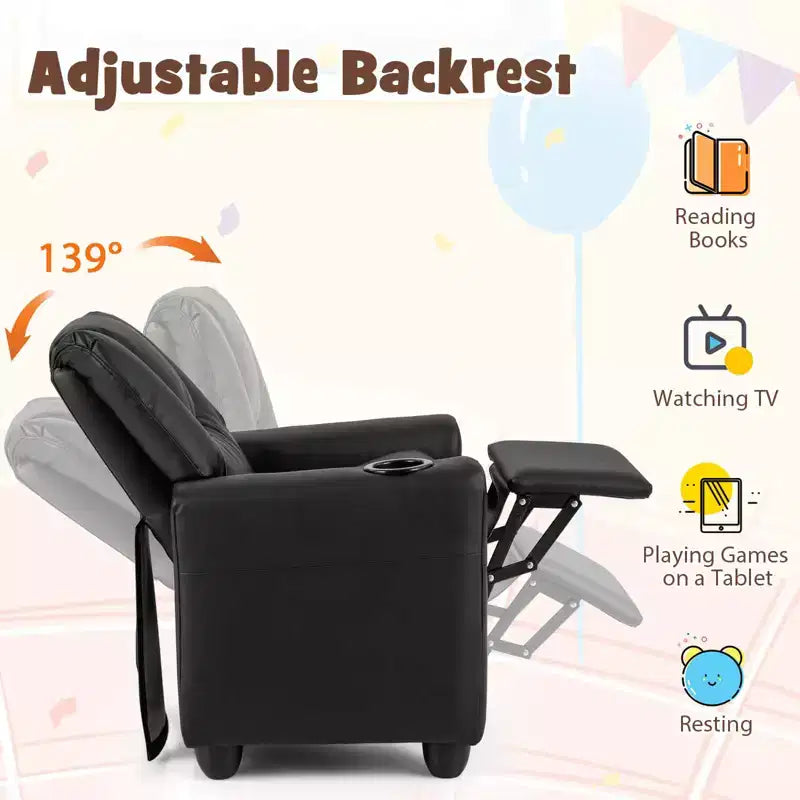 Kids Recliner Chair with Cup Holder & Side Pocket, Adjustable Backrest & Footrest, Beige/Black/Pink/Brown