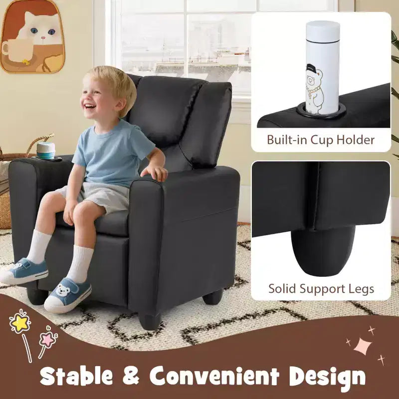 Kids Recliner Chair with Cup Holder & Side Pocket, Adjustable Backrest & Footrest, Beige/Black/Pink/Brown