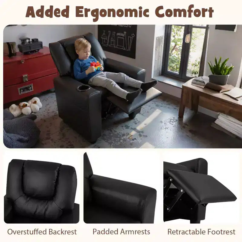 Kids Recliner Chair with Cup Holder & Side Pocket, Adjustable Backrest & Footrest, Beige/Black/Pink/Brown