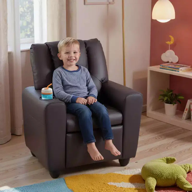 Kids Recliner Chair with Cup Holder & Side Pocket, Adjustable Backrest & Footrest, Beige/Black/Pink/Brown