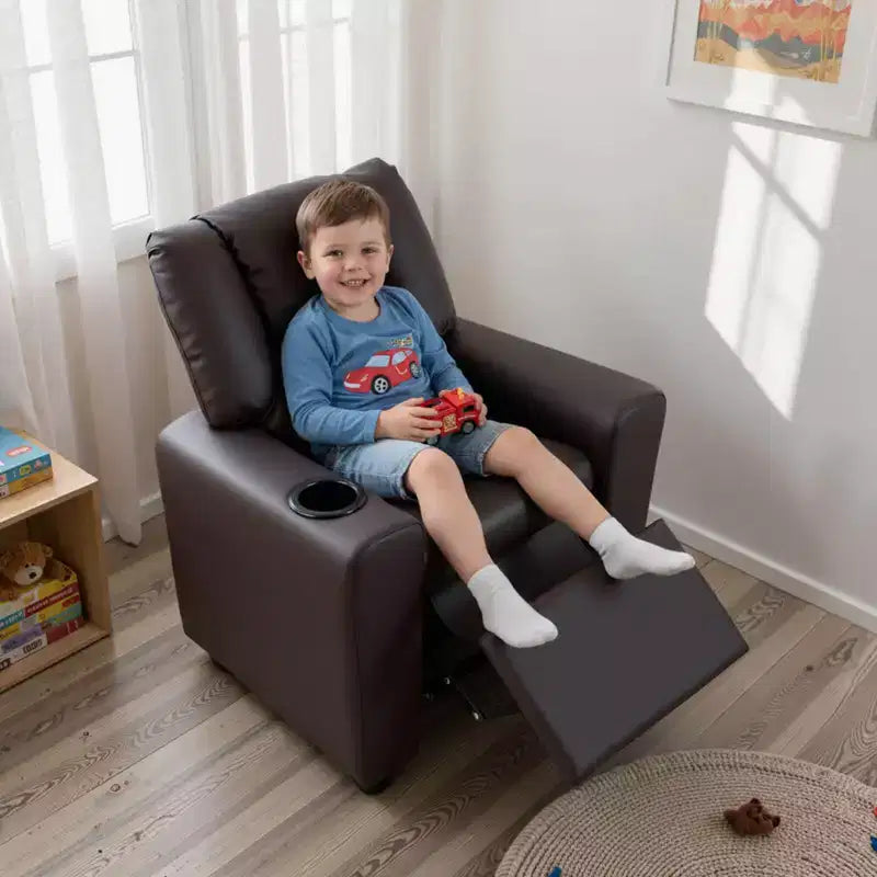 Kids Recliner Chair with Cup Holder & Side Pocket, Adjustable Backrest & Footrest, Beige/Black/Pink/Brown