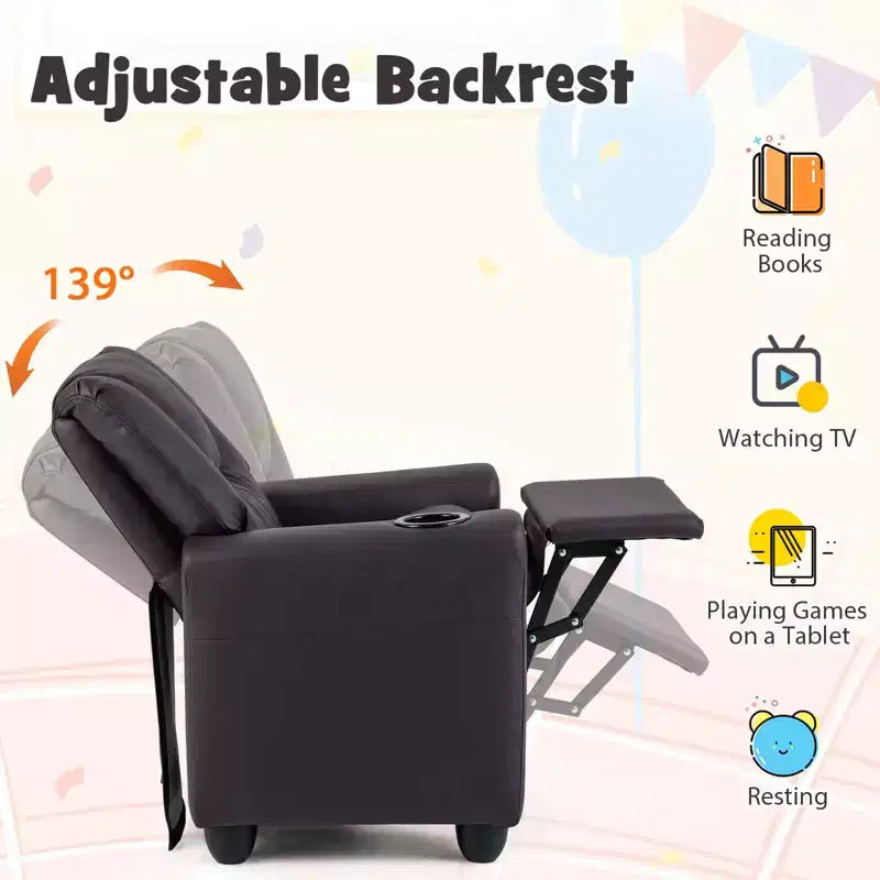 Kids Recliner Chair with Cup Holder & Side Pocket, Adjustable Backrest & Footrest, Beige/Black/Pink/Brown
