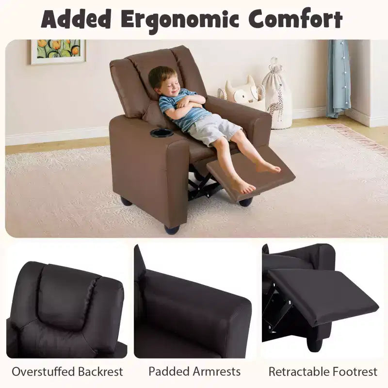 Kids Recliner Chair with Cup Holder & Side Pocket, Adjustable Backrest & Footrest, Beige/Black/Pink/Brown