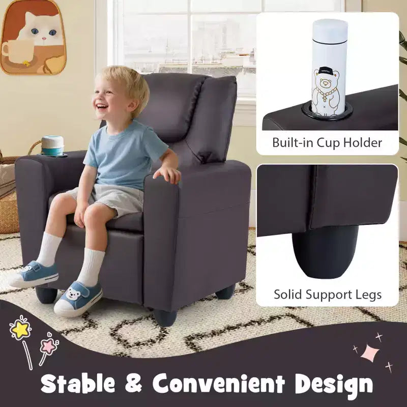 Kids Recliner Chair with Cup Holder & Side Pocket, Adjustable Backrest & Footrest, Beige/Black/Pink/Brown
