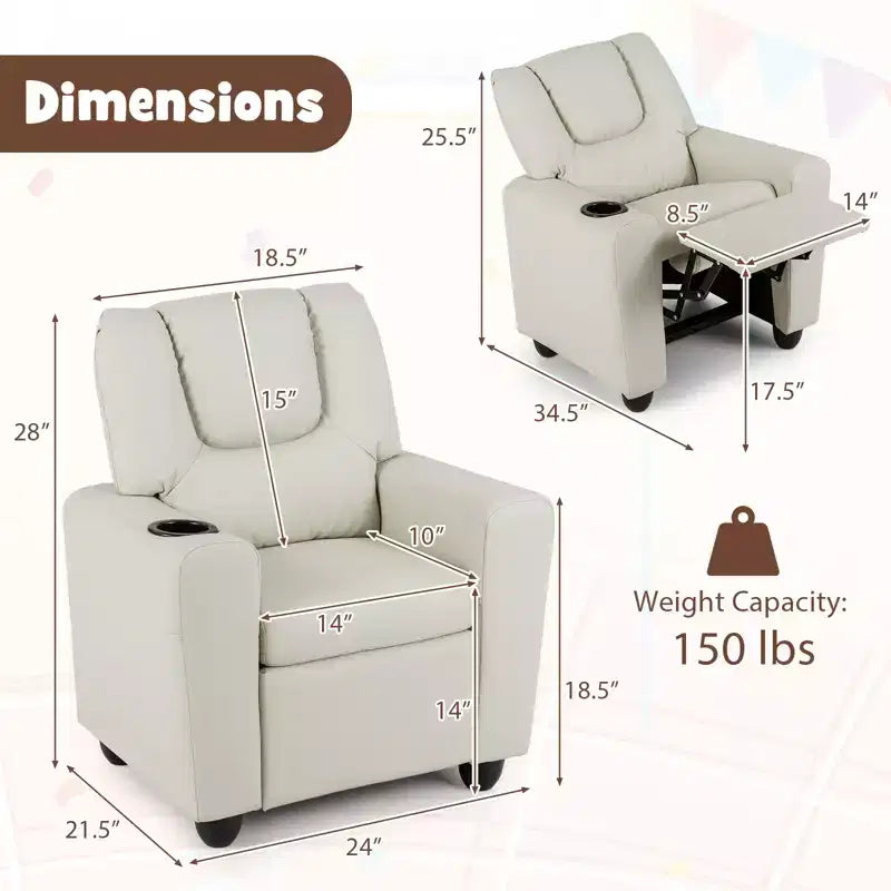 Kids Recliner Chair with Cup Holder & Side Pocket, Adjustable Backrest & Footrest, Beige/Black/Pink/Brown