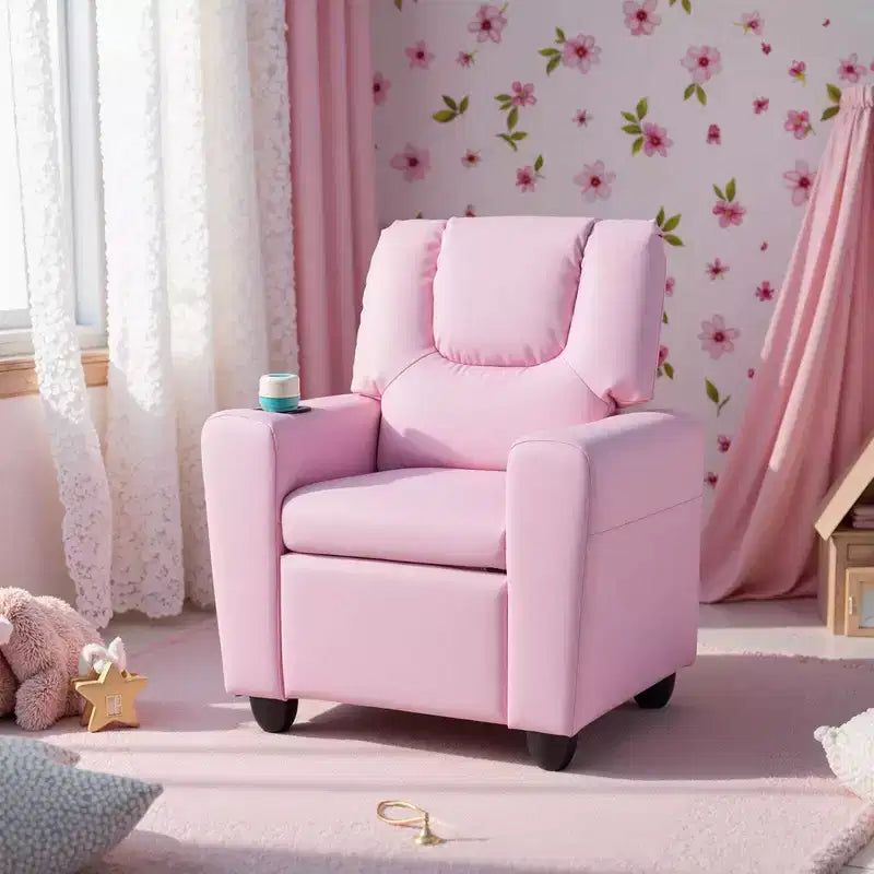 Kids Recliner Chair with Cup Holder & Side Pocket, Adjustable Backrest & Footrest, Beige/Black/Pink/Brown