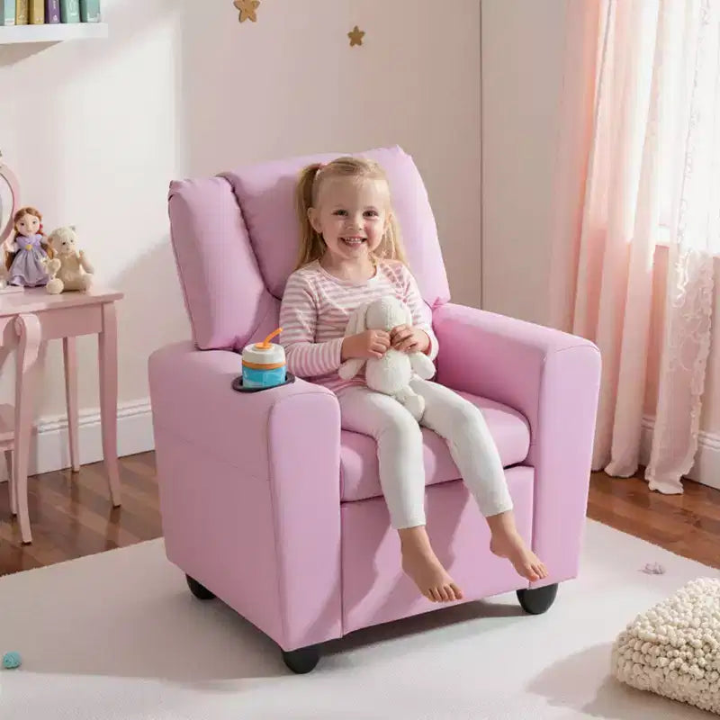 Kids Recliner Chair with Cup Holder & Side Pocket, Adjustable Backrest & Footrest, Beige/Black/Pink/Brown