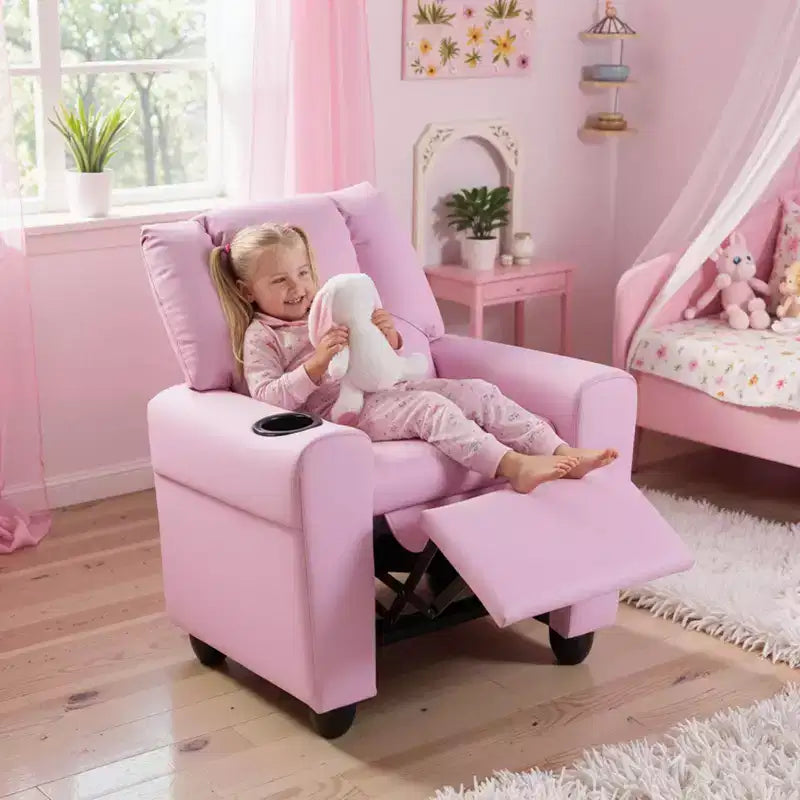 Kids Recliner Chair with Cup Holder & Side Pocket, Adjustable Backrest & Footrest, Beige/Black/Pink/Brown