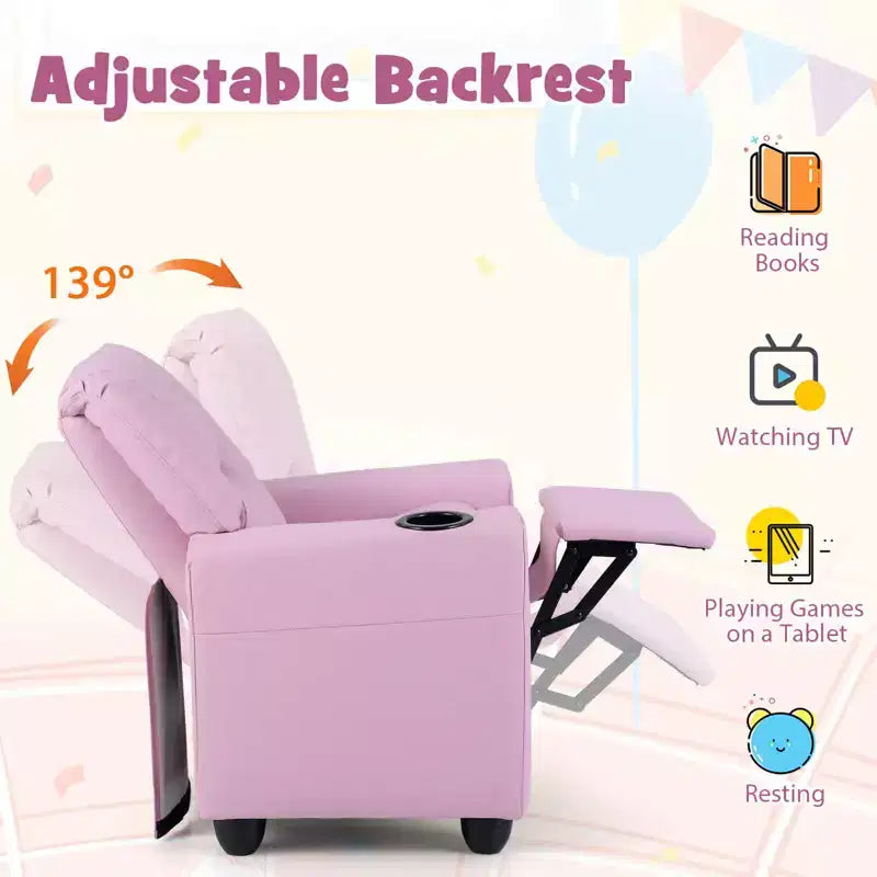 Kids Recliner Chair with Cup Holder & Side Pocket, Adjustable Backrest & Footrest, Beige/Black/Pink/Brown