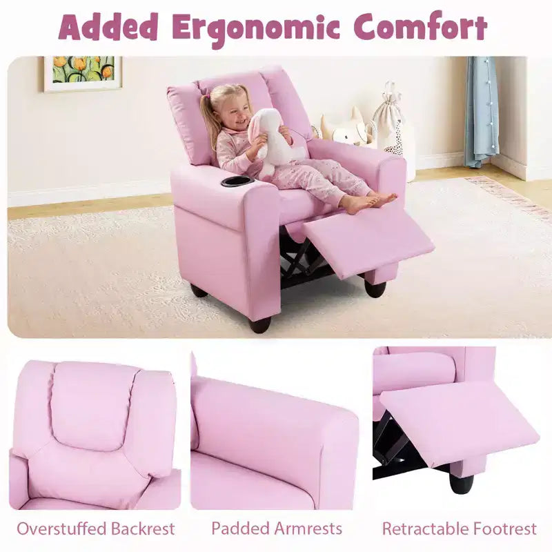 Kids Recliner Chair with Cup Holder & Side Pocket, Adjustable Backrest & Footrest, Beige/Black/Pink/Brown