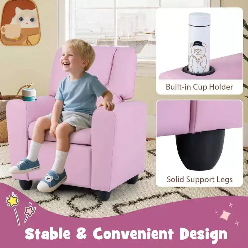 Kids Recliner Chair with Cup Holder & Side Pocket, Adjustable Backrest & Footrest, Beige/Black/Pink/Brown