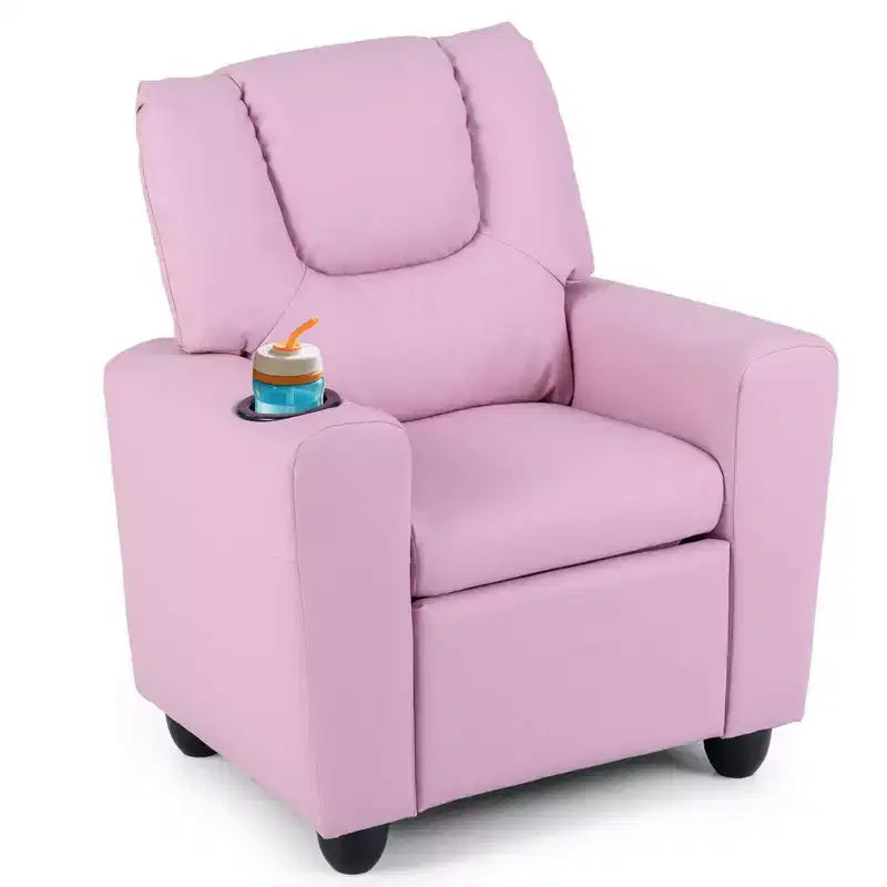 Kids Recliner Chair with Cup Holder & Side Pocket, Adjustable Backrest & Footrest, Beige/Black/Pink/Brown