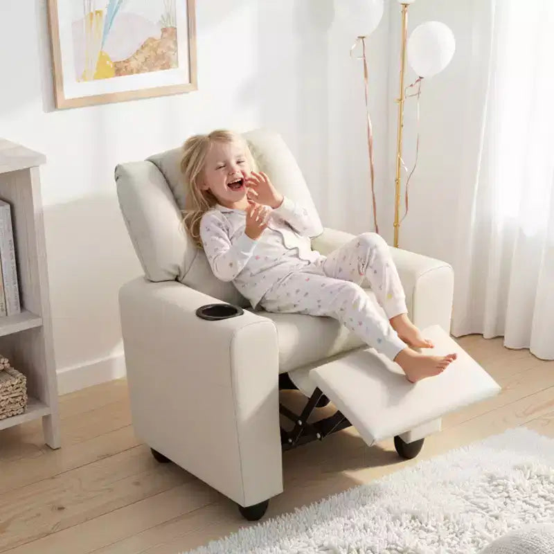 Kids Recliner Chair with Cup Holder & Side Pocket, Adjustable Backrest & Footrest, Beige/Black/Pink/Brown