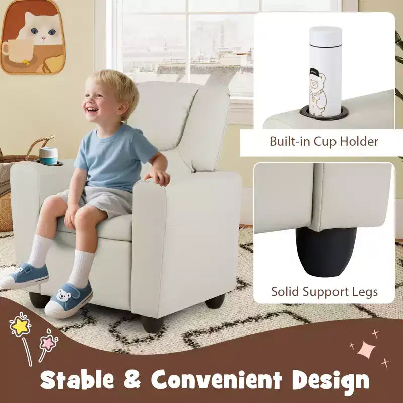 Kids Recliner Chair with Cup Holder & Side Pocket, Adjustable Backrest & Footrest, Beige/Black/Pink/Brown