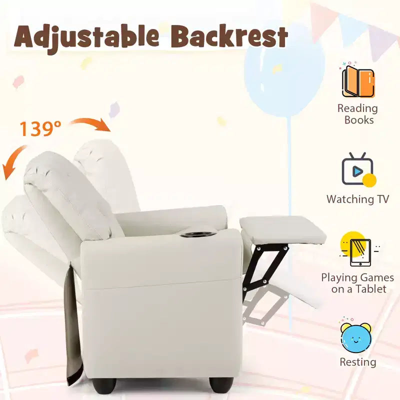 Kids Recliner Chair with Cup Holder & Side Pocket, Adjustable Backrest & Footrest, Beige/Black/Pink/Brown