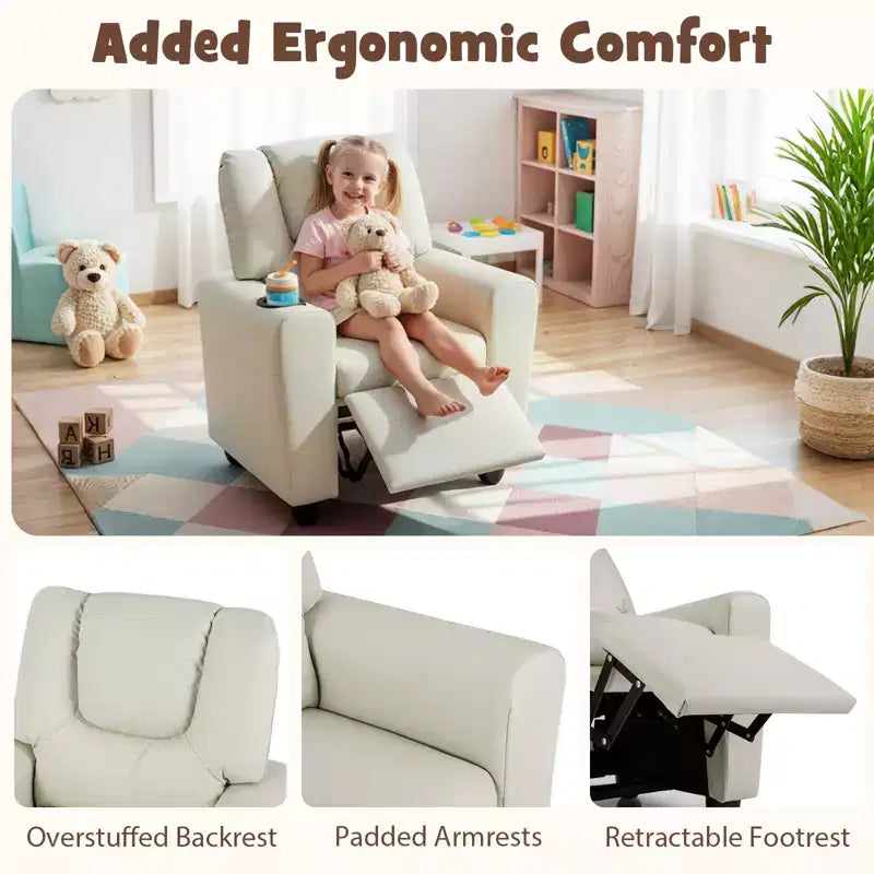 Kids Recliner Chair with Cup Holder & Side Pocket, Adjustable Backrest & Footrest, Beige/Black/Pink/Brown
