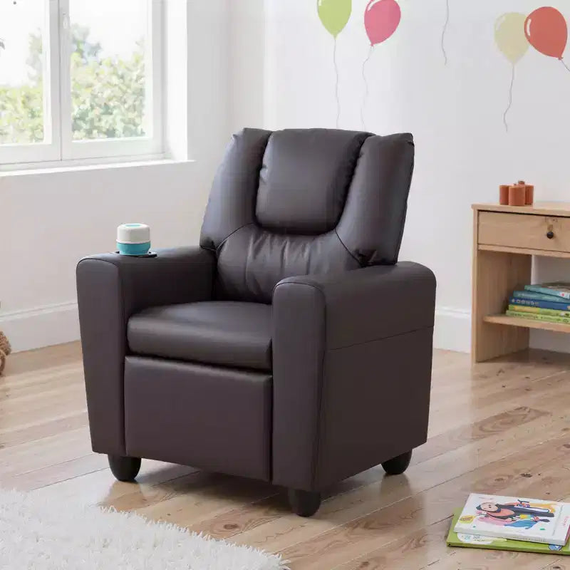 Kids Recliner Chair with Cup Holder & Side Pocket, Adjustable Backrest & Footrest, Beige/Black/Pink/Brown