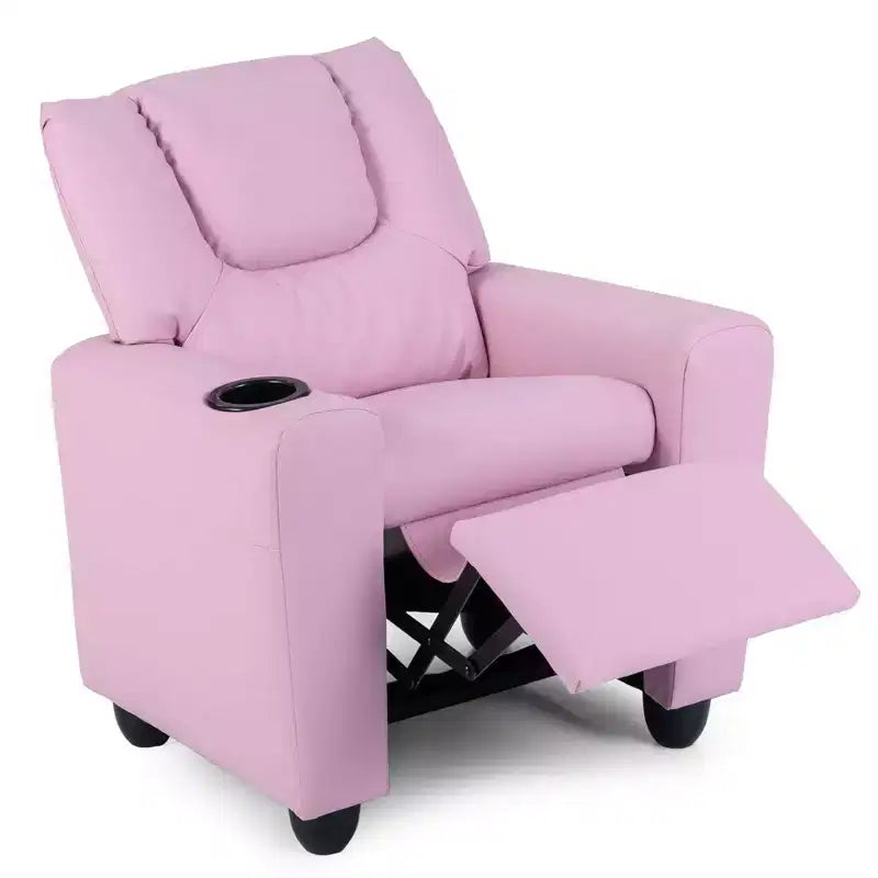 Kids Recliner Chair with Cup Holder & Side Pocket, Adjustable Backrest & Footrest, Beige/Black/Pink/Brown