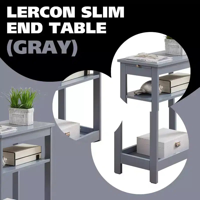 Slim Wood Side End Table with Storage Shelves & Pull-Out Tray, Nightstand for Bedroom & Living Room