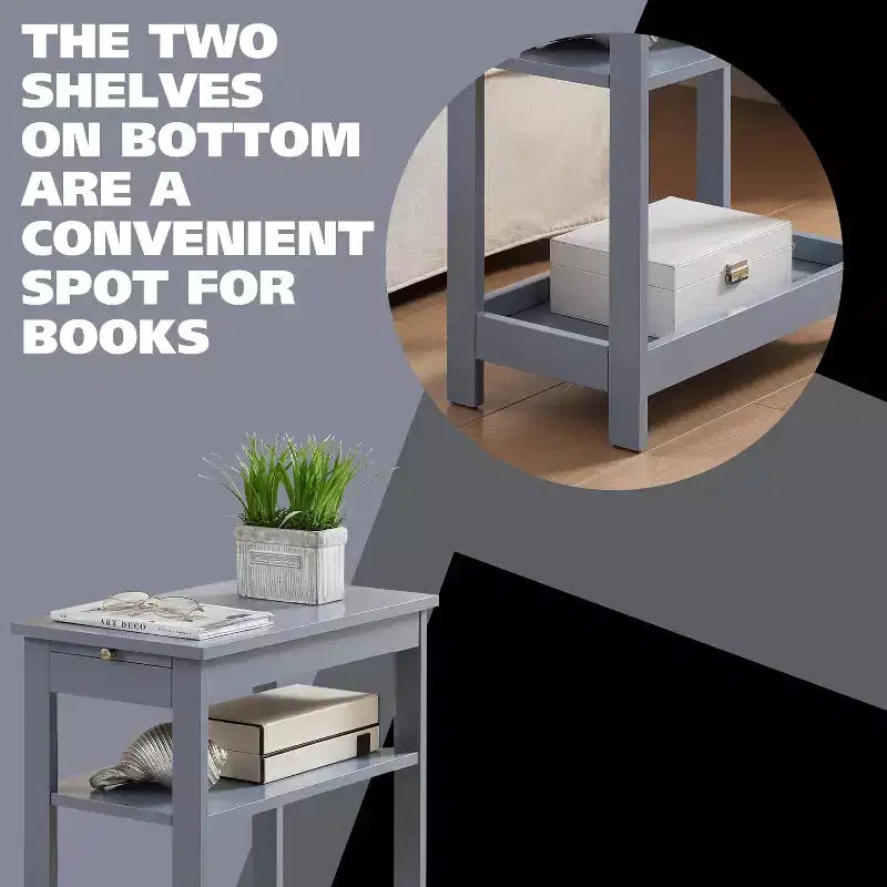 Slim Wood Side End Table with Storage Shelves & Pull-Out Tray, Nightstand for Bedroom & Living Room