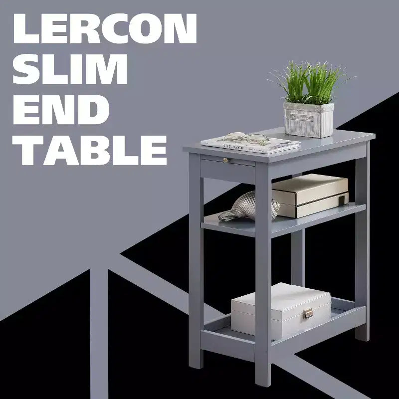 Slim Wood Side End Table with Storage Shelves & Pull-Out Tray, Nightstand for Bedroom & Living Room