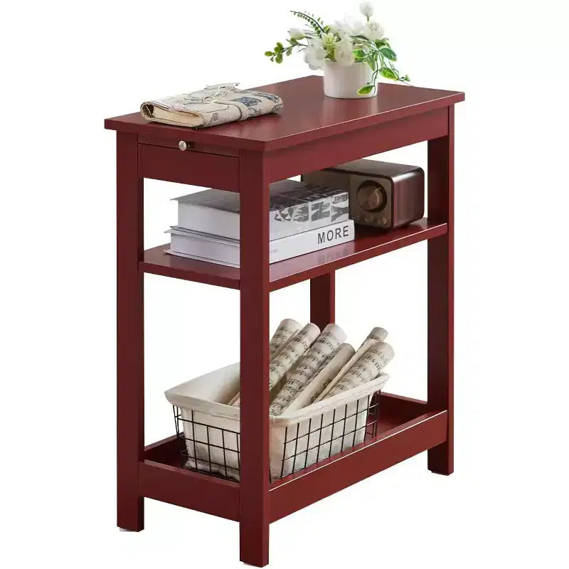 Slim Wood Side End Table with Storage Shelves & Pull-Out Tray, Nightstand for Bedroom & Living Room