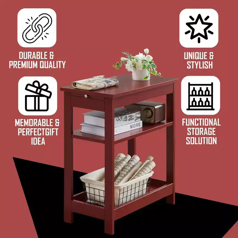 Slim Wood Side End Table with Storage Shelves & Pull-Out Tray, Nightstand for Bedroom & Living Room