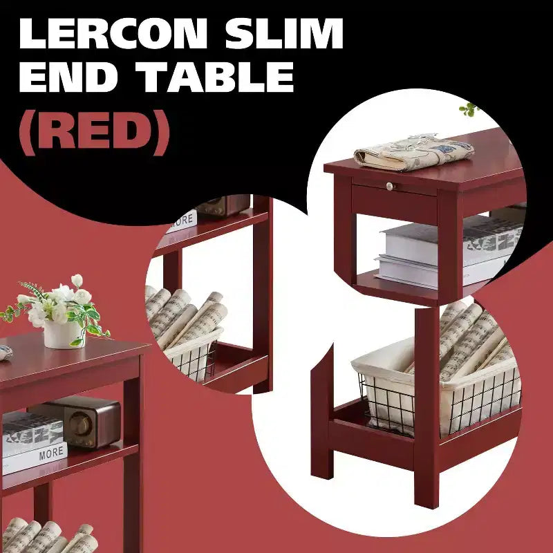 Slim Wood Side End Table with Storage Shelves & Pull-Out Tray, Nightstand for Bedroom & Living Room