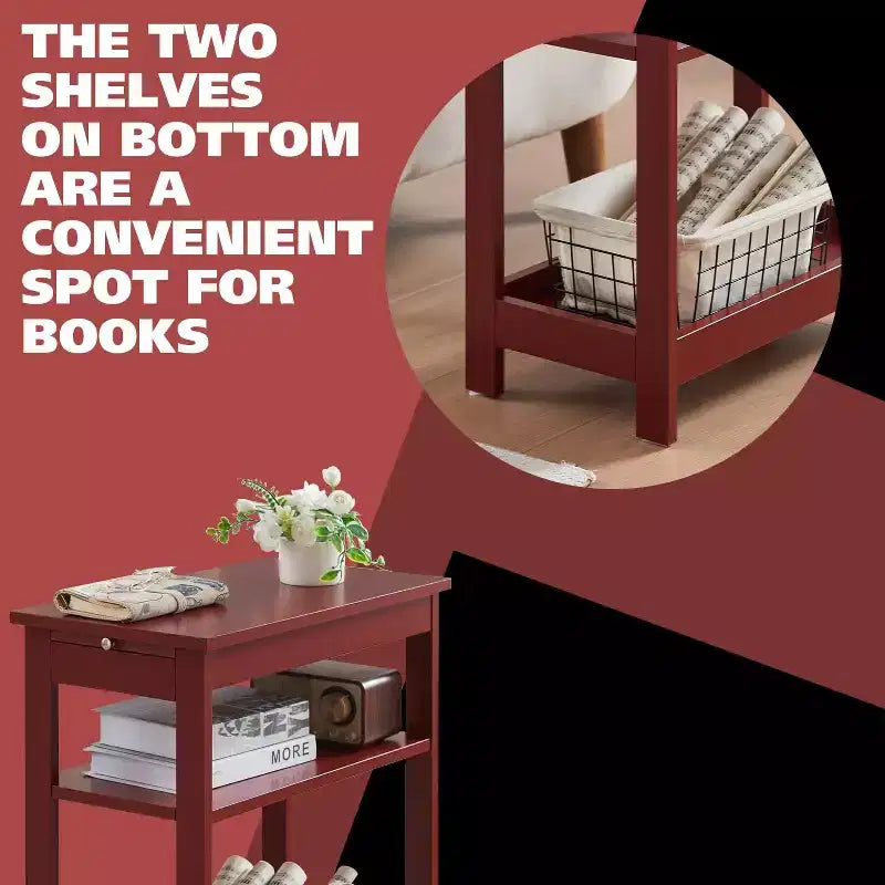 Slim Wood Side End Table with Storage Shelves & Pull-Out Tray, Nightstand for Bedroom & Living Room