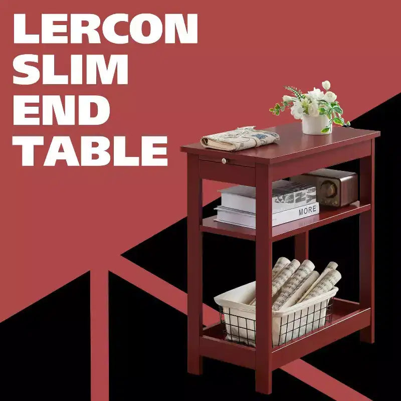 Slim Wood Side End Table with Storage Shelves & Pull-Out Tray, Nightstand for Bedroom & Living Room