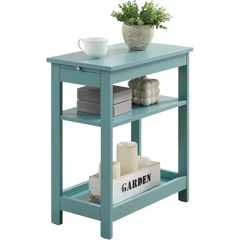 Slim Wood Side End Table with Storage Shelves & Pull-Out Tray, Nightstand for Bedroom & Living Room