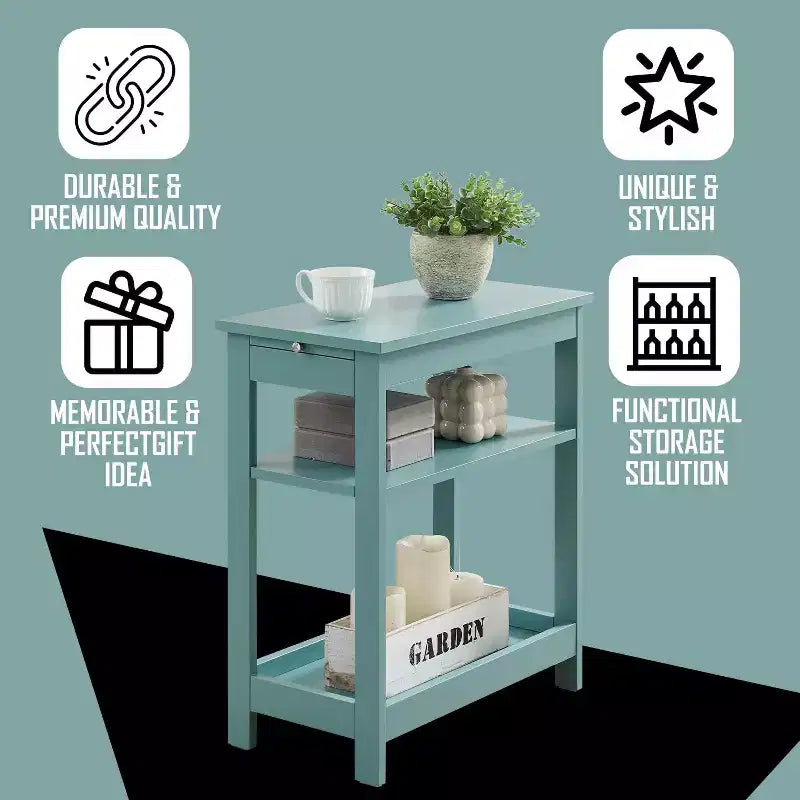 Slim Wood Side End Table with Storage Shelves & Pull-Out Tray, Nightstand for Bedroom & Living Room