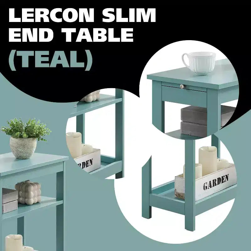 Slim Wood Side End Table with Storage Shelves & Pull-Out Tray, Nightstand for Bedroom & Living Room