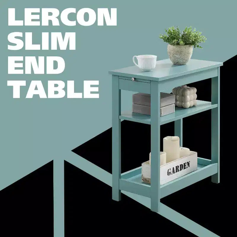Slim Wood Side End Table with Storage Shelves & Pull-Out Tray, Nightstand for Bedroom & Living Room