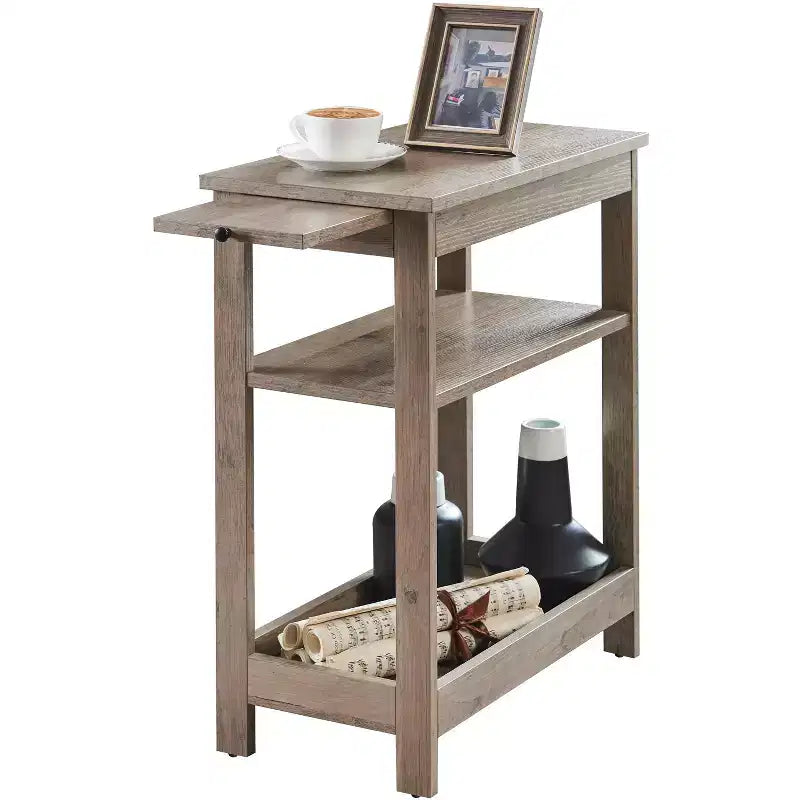 Slim Wood Side End Table with Storage Shelves & Pull-Out Tray, Nightstand for Bedroom & Living Room