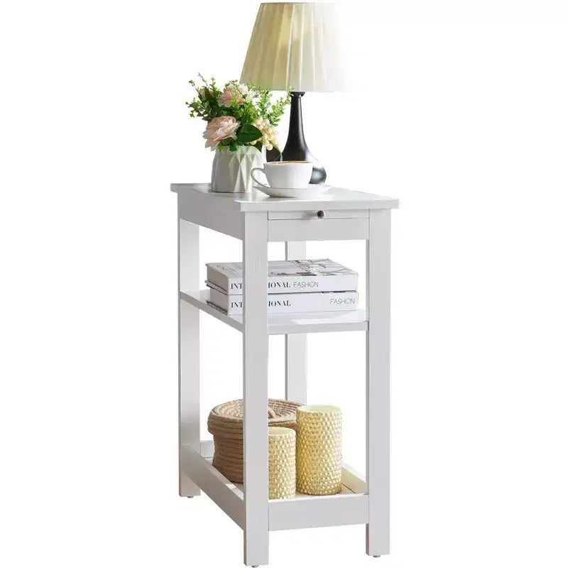 Slim Wood Side End Table with Storage Shelves & Pull-Out Tray, Nightstand for Bedroom & Living Room