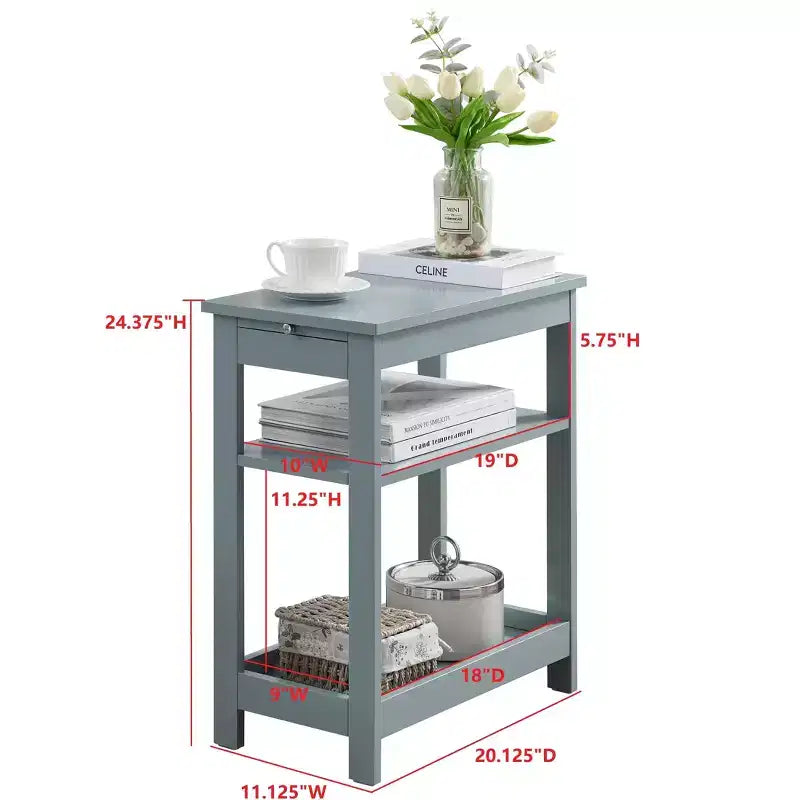 Slim Wood Side End Table with Storage Shelves & Pull-Out Tray, Nightstand for Bedroom & Living Room