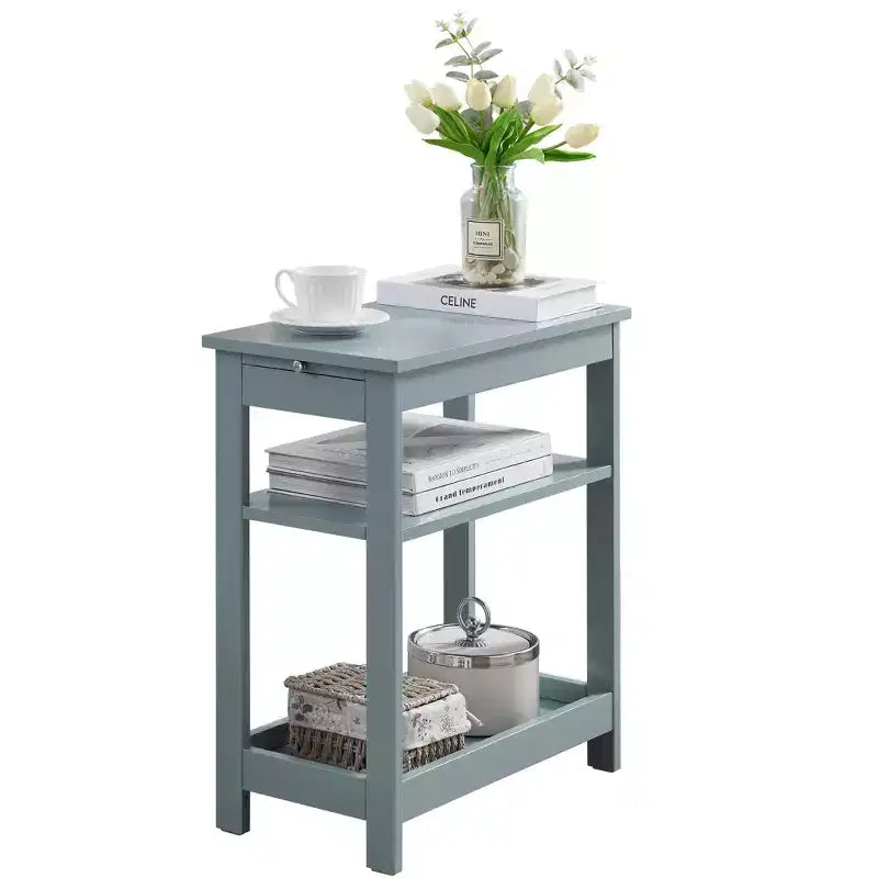 Slim Wood Side End Table with Storage Shelves & Pull-Out Tray, Nightstand for Bedroom & Living Room