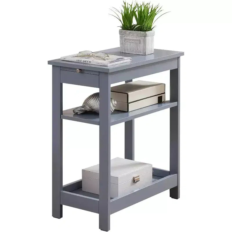 Slim Wood Side End Table with Storage Shelves & Pull-Out Tray, Nightstand for Bedroom & Living Room