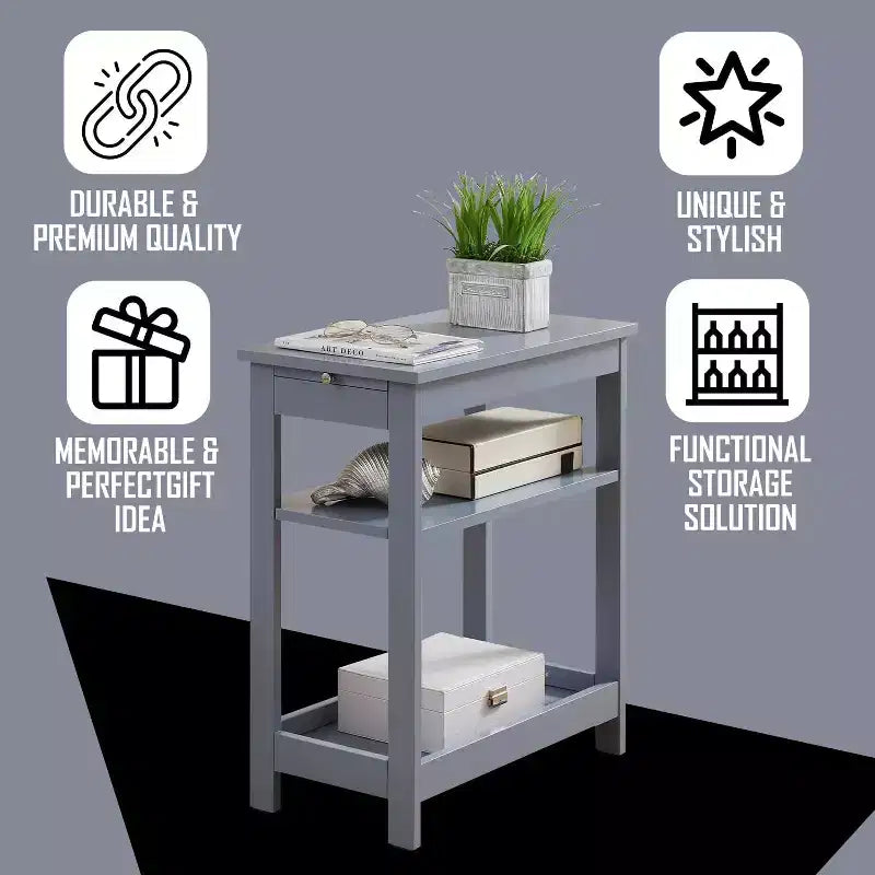 Slim Wood Side End Table with Storage Shelves & Pull-Out Tray, Nightstand for Bedroom & Living Room