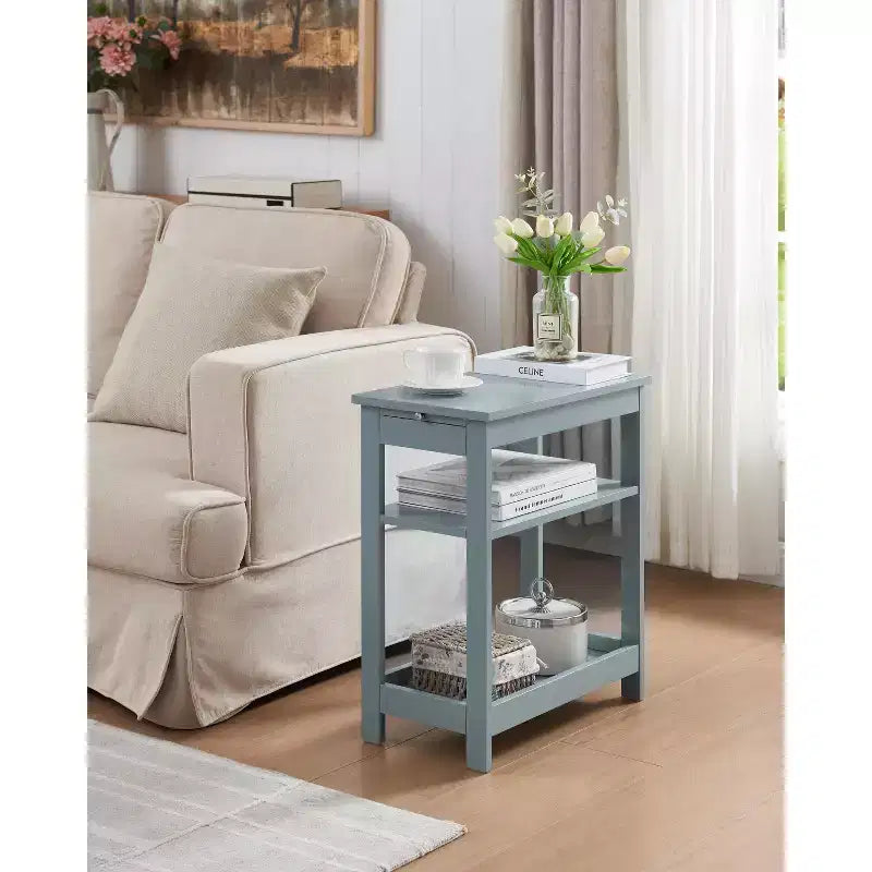 Slim Wood Side End Table with Storage Shelves & Pull-Out Tray, Nightstand for Bedroom & Living Room