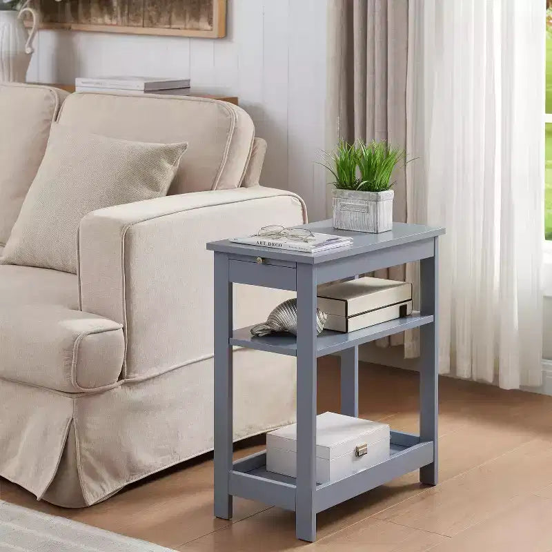 Slim Wood Side End Table with Storage Shelves & Pull-Out Tray, Nightstand for Bedroom & Living Room