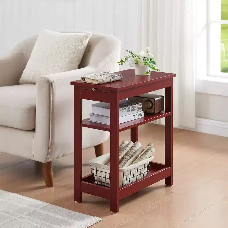 Slim Wood Side End Table with Storage Shelves & Pull-Out Tray, Nightstand for Bedroom & Living Room